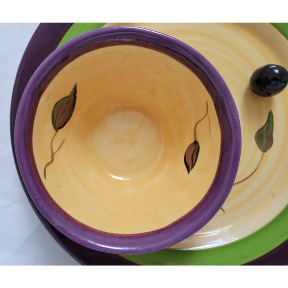 Vintage Cali Ceramic Pottery Serving Plate w/ Attached Bowl  - Olive Design - 1B - Picture 11 of 14